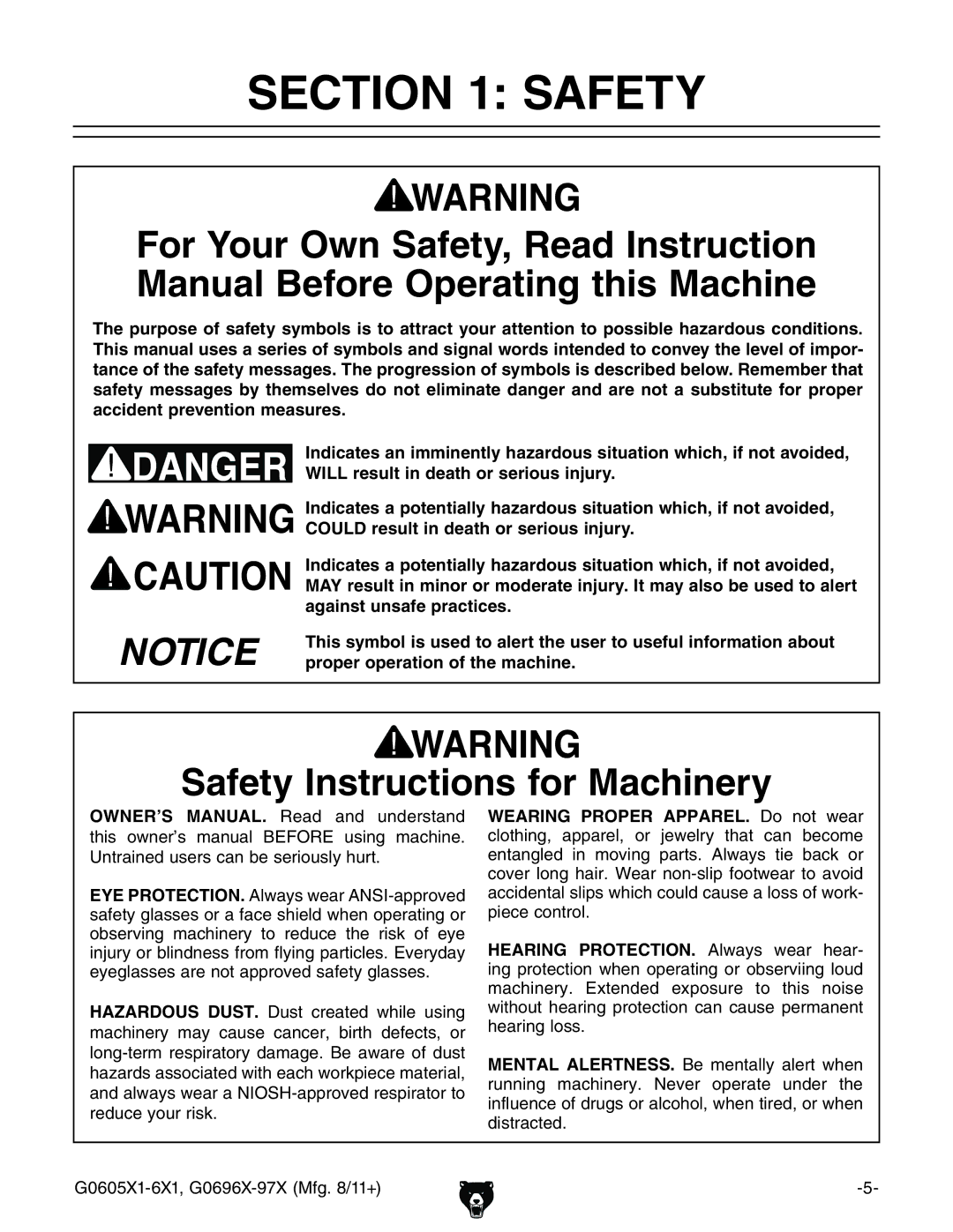 Grizzly G1023SL, G0697X owner manual Safety Instructions for Machinery, DWhZgkc\ bVXcZgn id gZYjXZ iZ gh` d ZnZ 