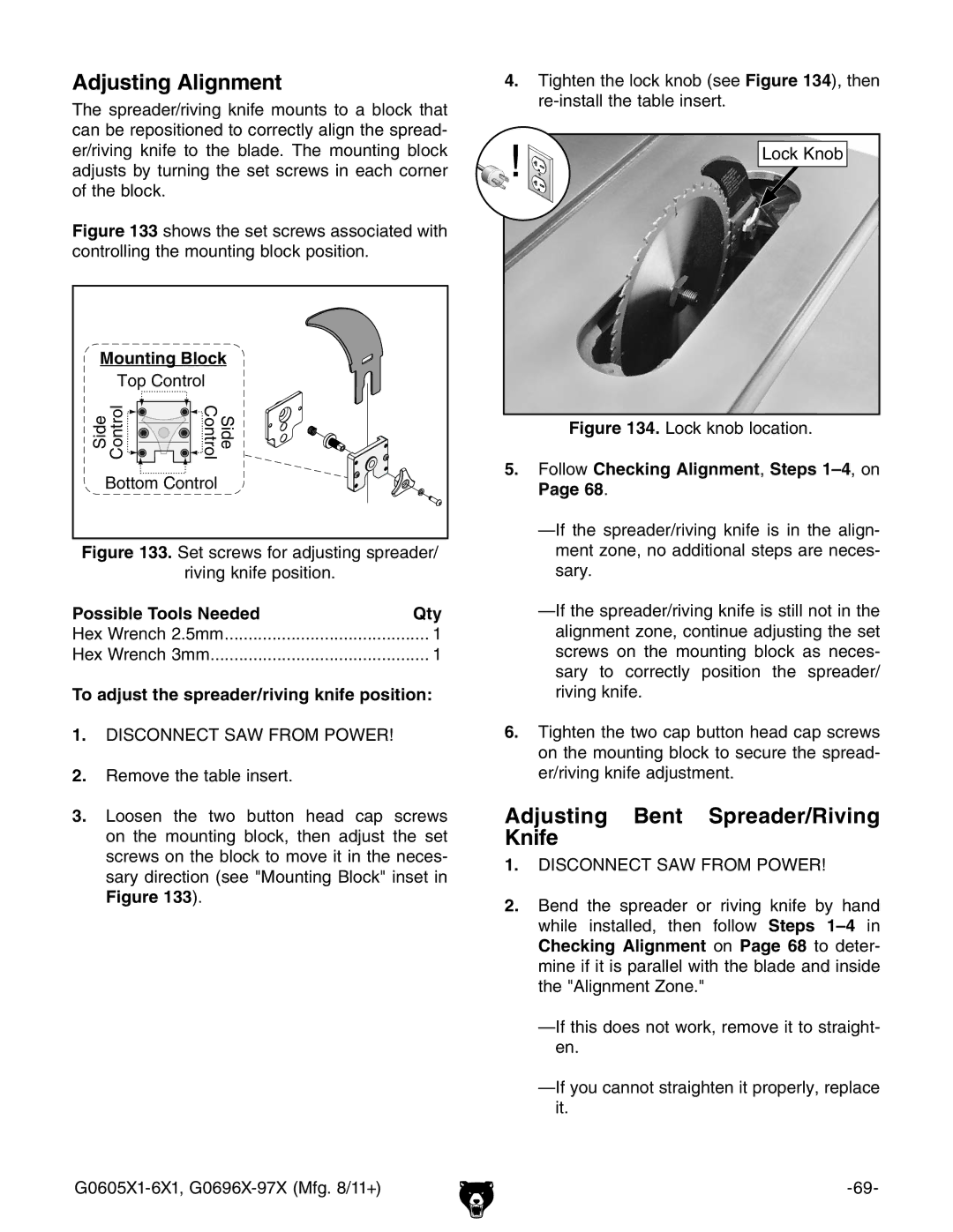 Grizzly G1023SL, G0697X owner manual Adjusting Alignment, Adjusting Bent Spreader/Riving Knife, Possible Tools Needed Qty 