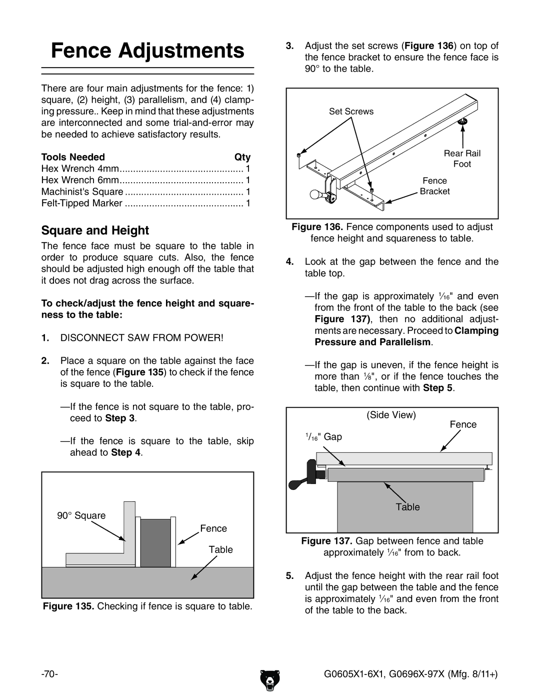 Grizzly G0697X, G1023SL owner manual Fence Adjustments, Square and Height, Pressure and Parallelism# 