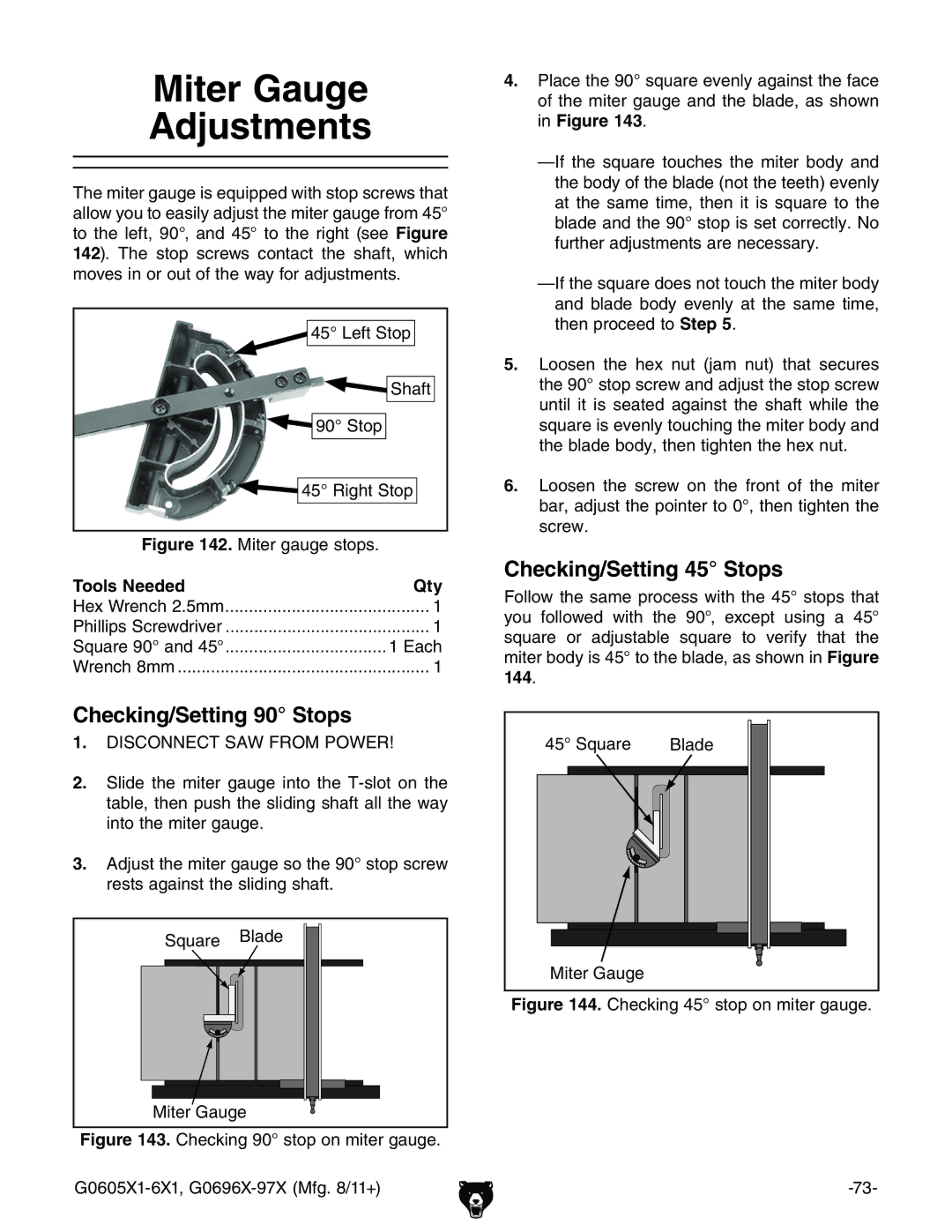 Grizzly G1023SL, G0697X Miter Gauge Adjustments, Checking/Setting 90 Stops, Checking/Setting 45 Stops, BiZgVj\Z 