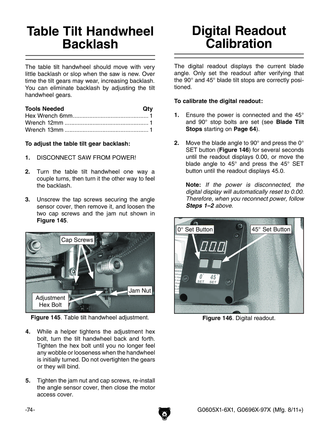 Grizzly G0697X, G1023SL owner manual To adjust the table tilt gear backlash, To calibrate the digital readout 