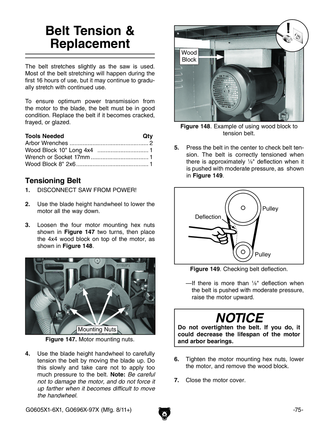 Grizzly G1023SL, G0697X owner manual Belt Tension Replacement, Tensioning Belt 