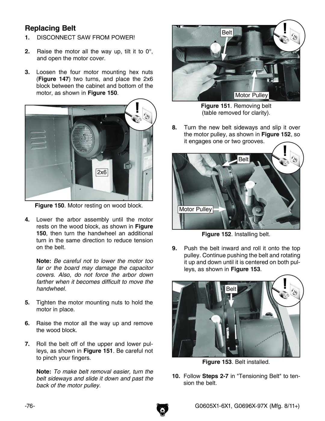 Grizzly G0697X, G1023SL owner manual Replacing Belt, 7Zai BdidgEjaaZn 