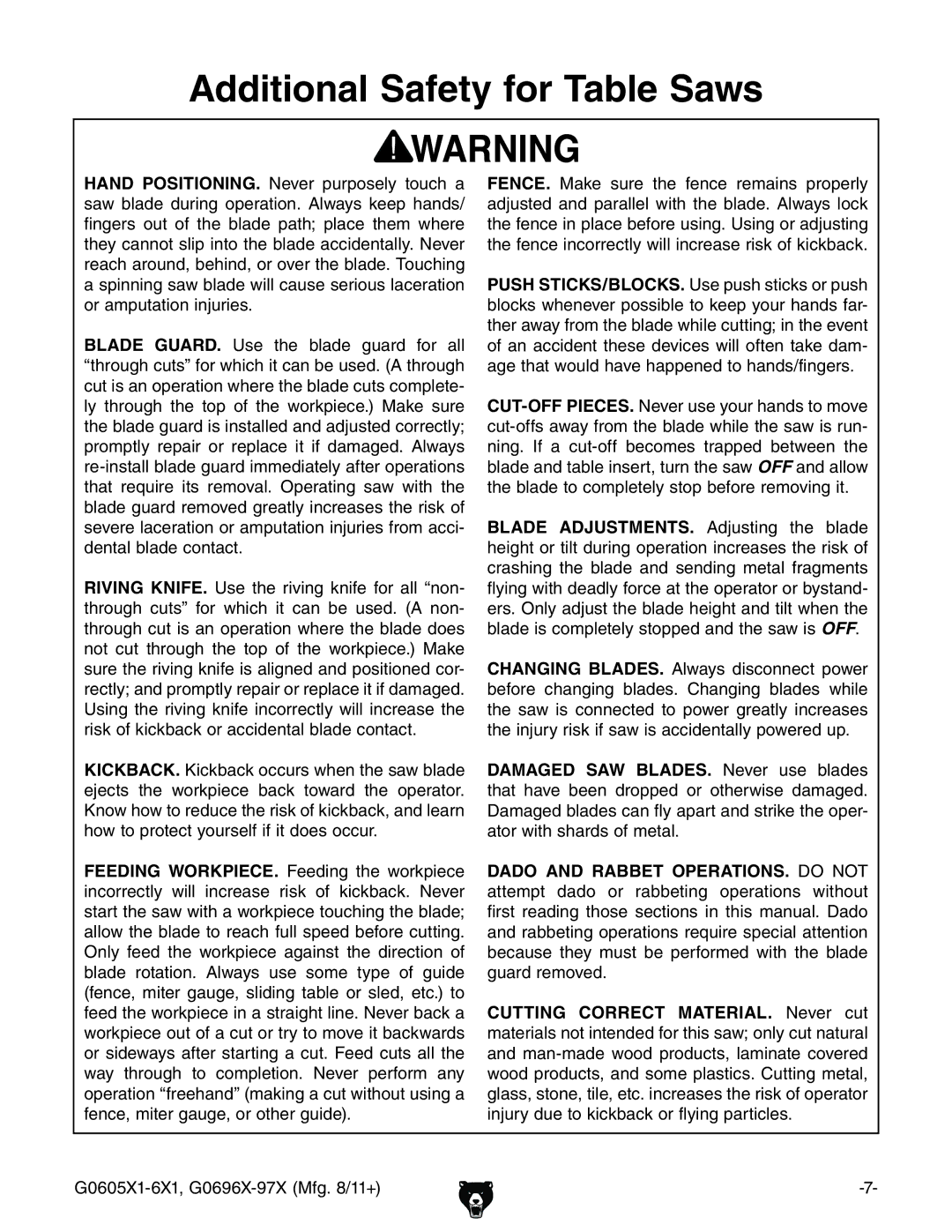 Grizzly G1023SL, G0697X owner manual Additional Safety for Table Saws, +%*M&+M&!%+.+M.,MB\#-$&&  