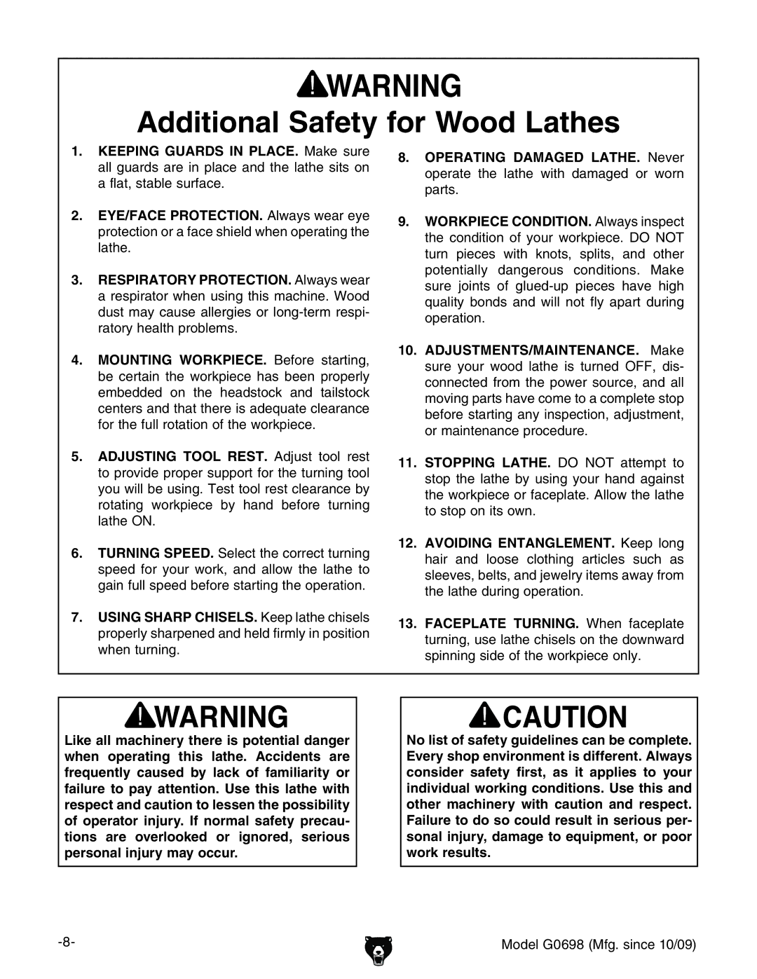 Grizzly G0698 owner manual Additional Safety for Wood Lathes 