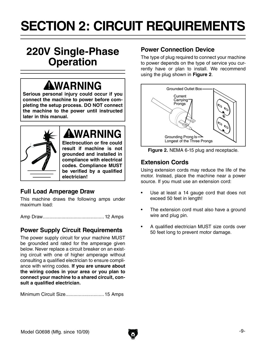 Grizzly G0698 owner manual Circuit Requirements, 220V Single-Phase Operation 