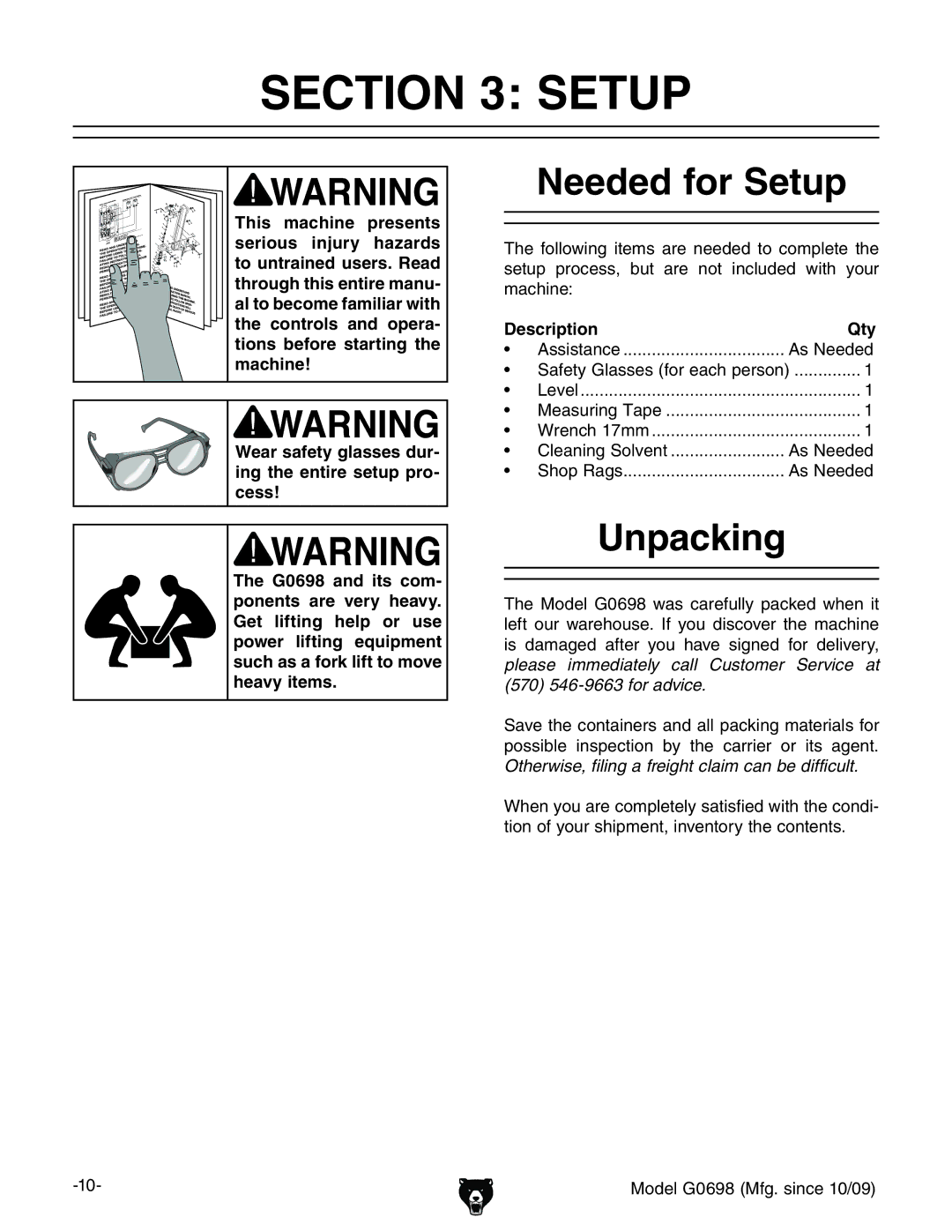 Grizzly G0698 owner manual Needed for Setup, Unpacking, Description Qty 