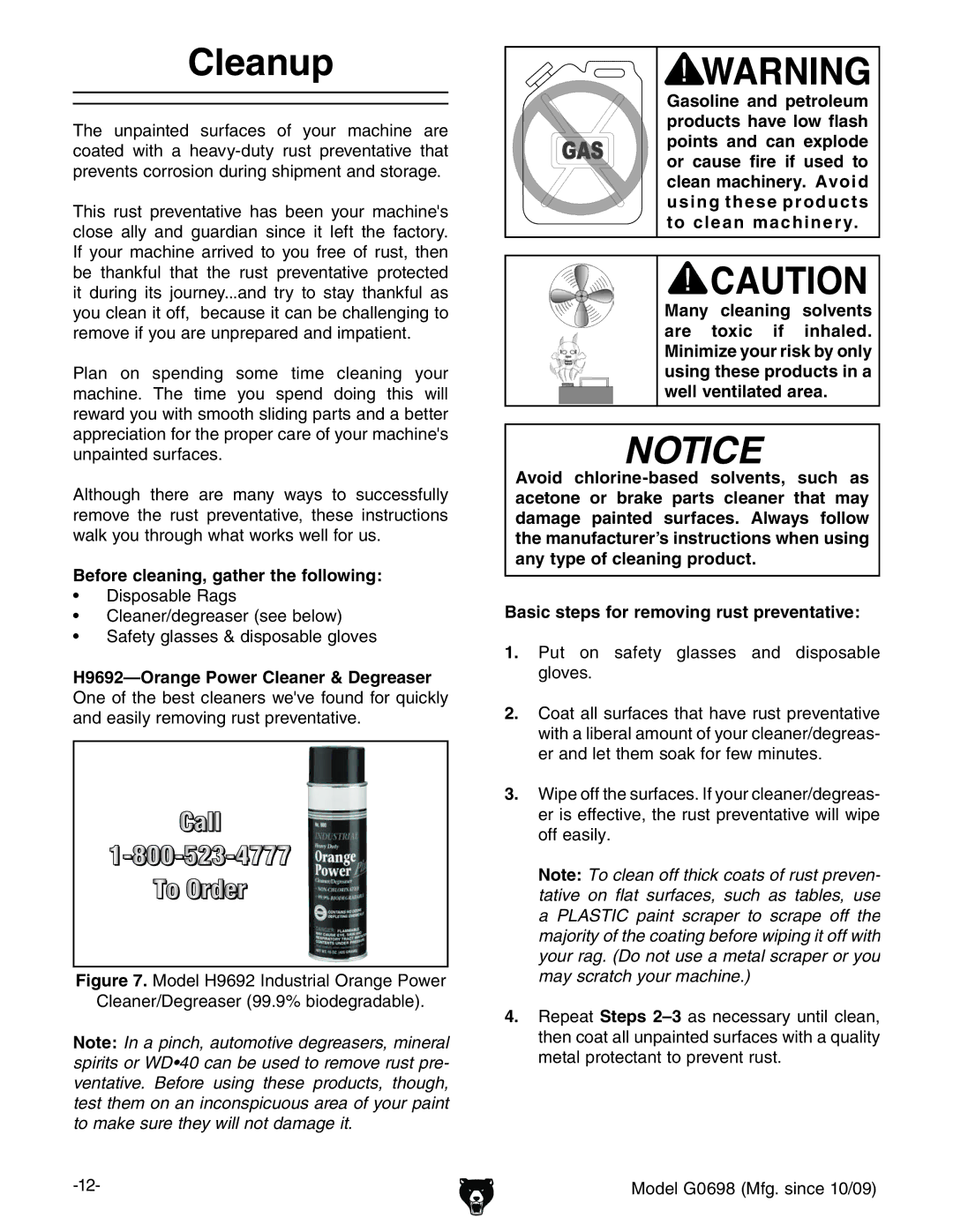 Grizzly G0698 owner manual Cleanup, H9692-Orange Power Cleaner & Degreaser, VcYZVhangZbdkc\gjhiegZkZciVikZ# 