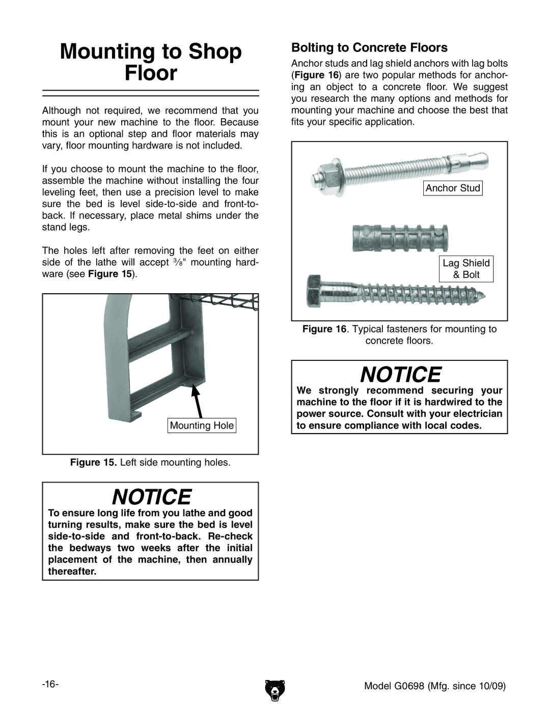 Grizzly G0698 owner manual Mounting to Shop Floor, Bolting to Concrete Floors, 6cXdgHijY AV\HZaY 7dai 