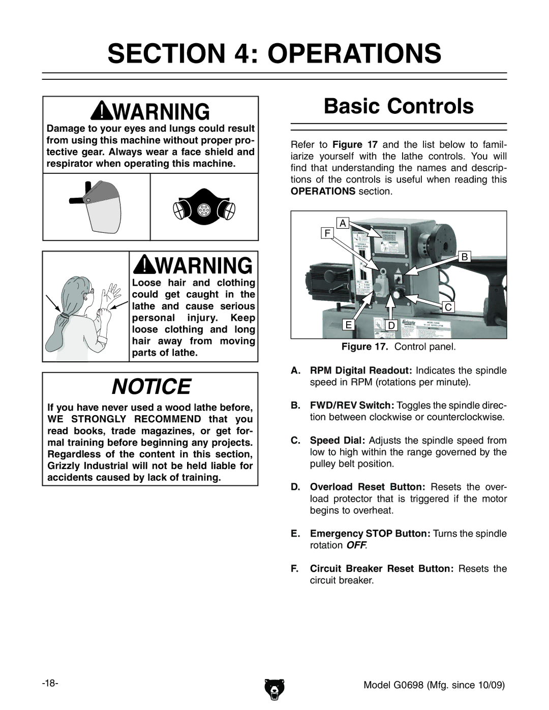 Grizzly G0698 owner manual Operations, Basic Controls 