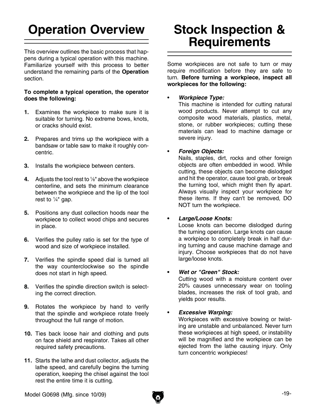 Grizzly G0698 Operation Overview, Stock Inspection Requirements, XZcigX#  chiVaahiZldg`eZXZWZilZZcXZciZgh# 