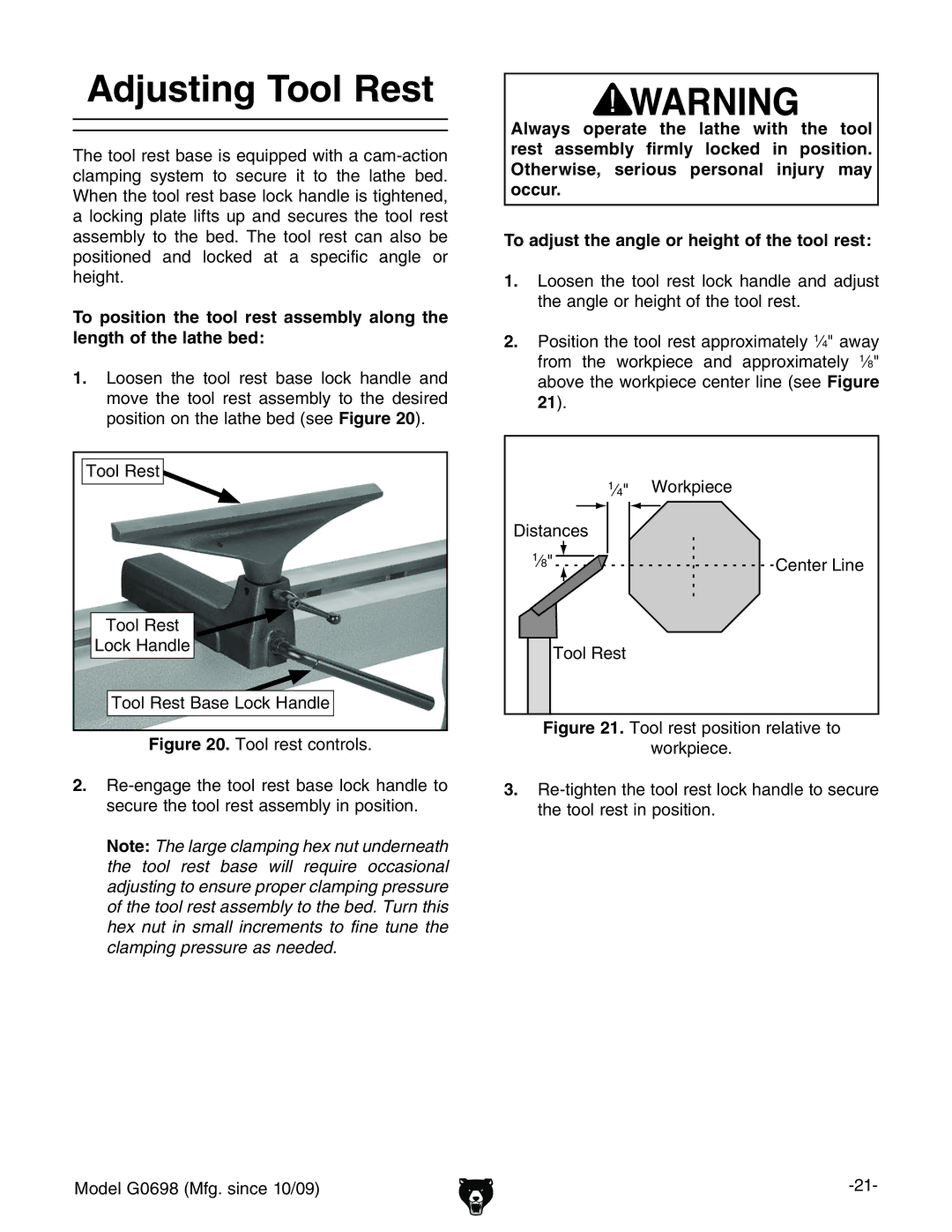 Grizzly G0698 owner manual Adjusting Tool Rest, IddaGZhi AdX`=VcYaZ IddaGZhi7VhZAdX`=VcYaZ, ¿ Ldg`eZXZ 9hiVcXZh 