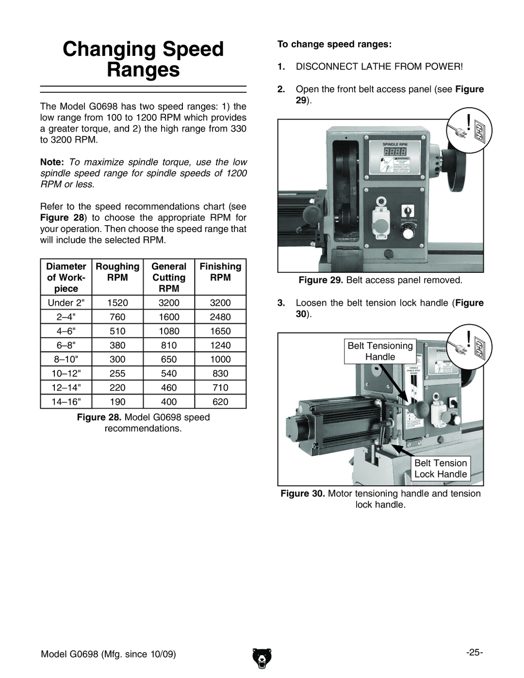 Grizzly G0698 owner manual Changing Speed Ranges, Diameter Roughing General Finishing Work, 29#, 30# 