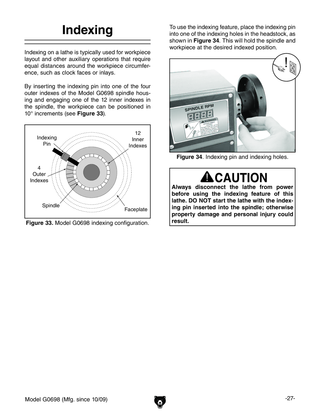 Grizzly G0698 owner manual Indexing, Ldg`eZXZViiZYZhgZYcYZmZYedhidc# 