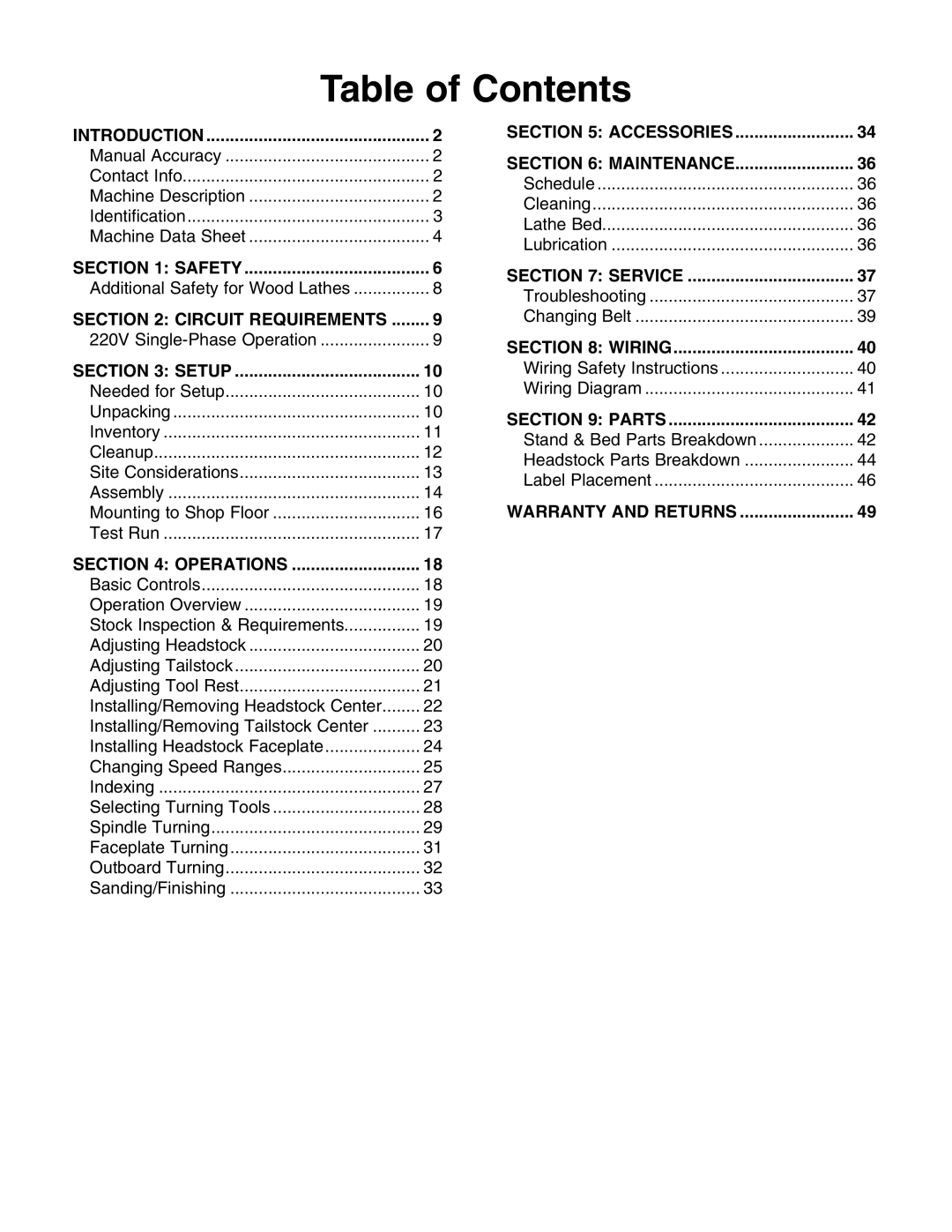 Grizzly G0698 owner manual Table of Contents 