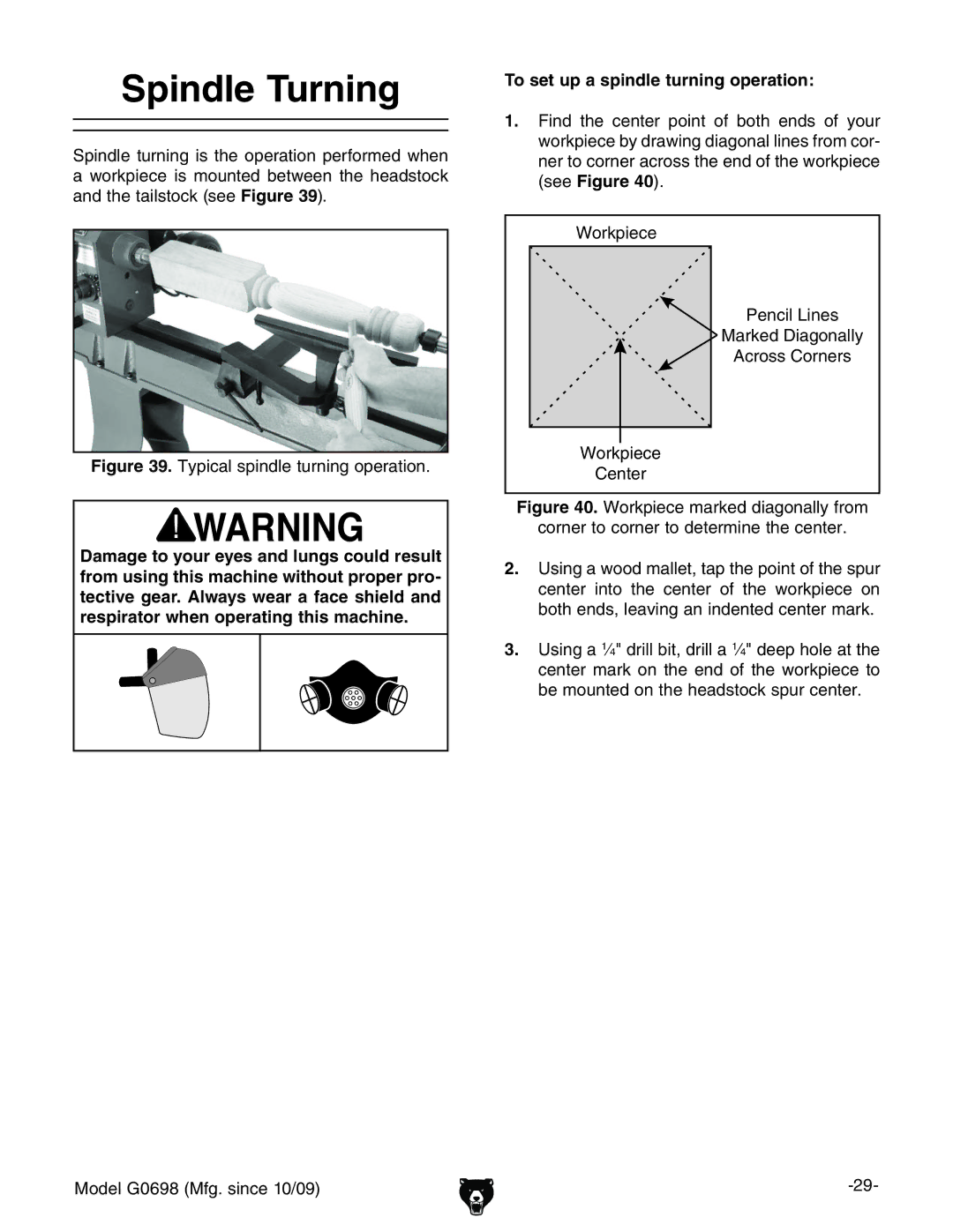 Grizzly G0698 owner manual Spindle Turning, To set up a spindle turning operation, WZbdjciZYdciZZVYhidX`hejgXZciZg# 