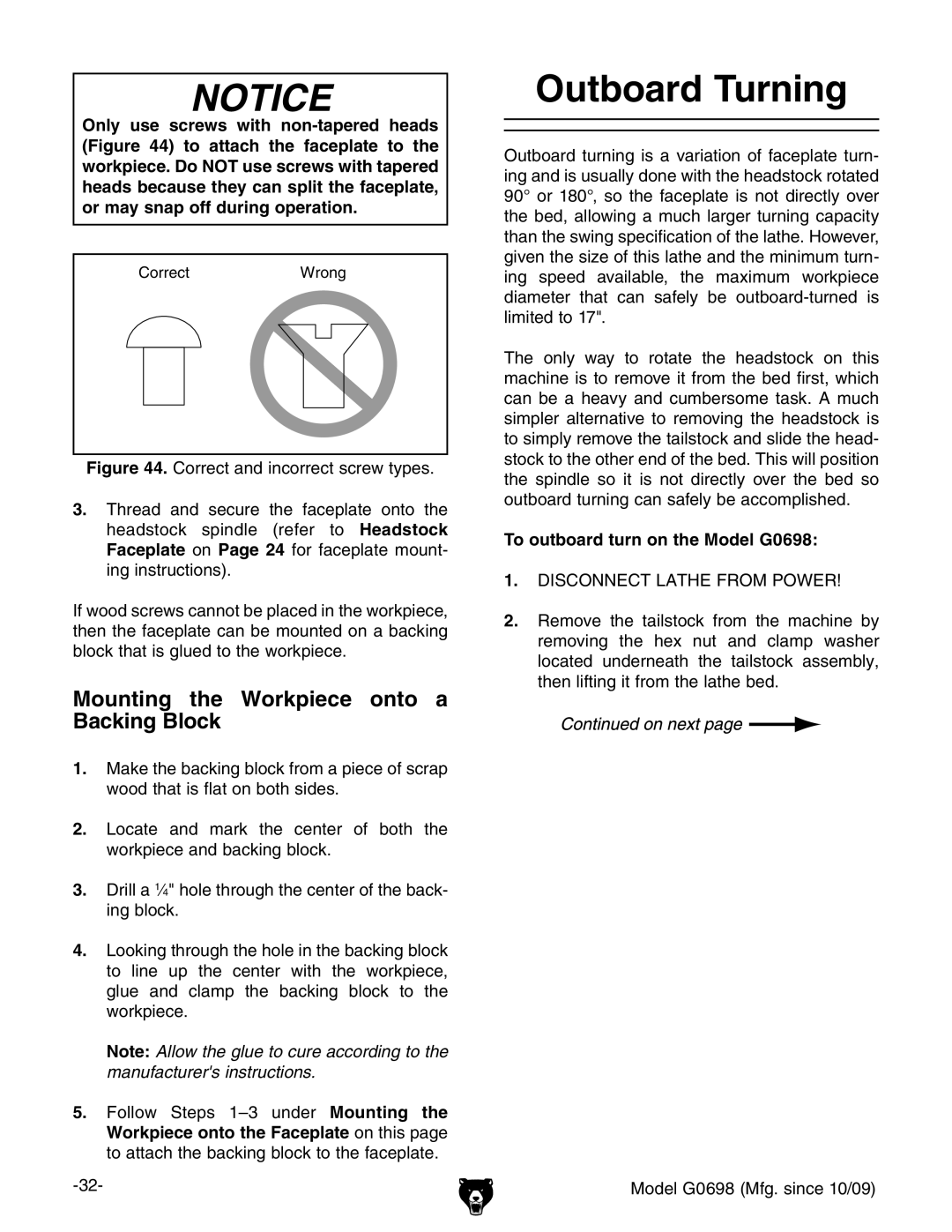 Grizzly owner manual Outboard Turning, Mounting the Workpiece onto a Backing Block, To outboard turn on the Model G0698 