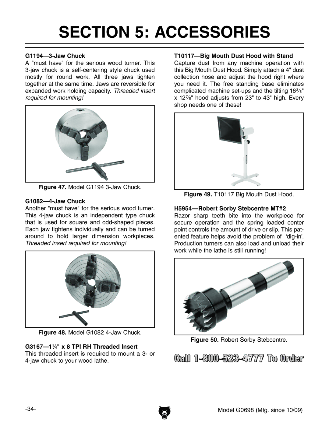 Grizzly G0698 owner manual Accessories, G1194-3-Jaw Chuck, G1082-4-Jaw Chuck, G3167-11⁄4 x 8 TPI RH Threaded Insert 