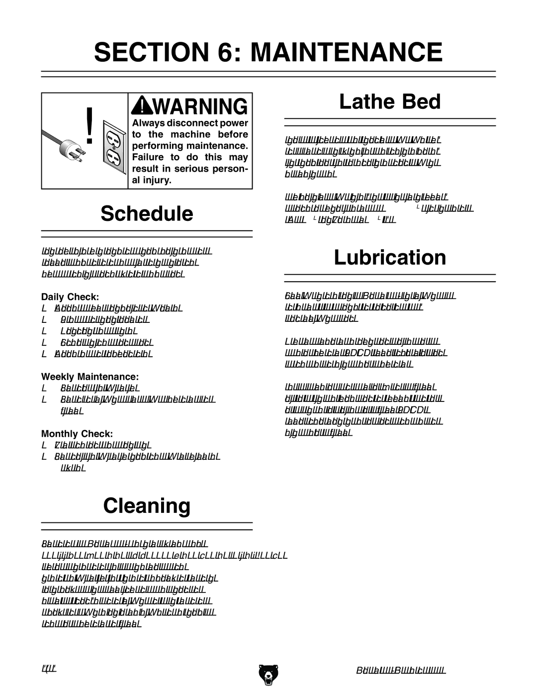 Grizzly G0698 owner manual Maintenance, Schedule, Cleaning Lathe Bed, Lubrication 