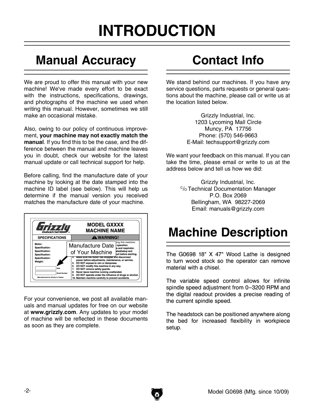 Grizzly G0698 owner manual Introduction, Manual Accuracy, Contact Info, Machine Description, NdjgBVXcZ 