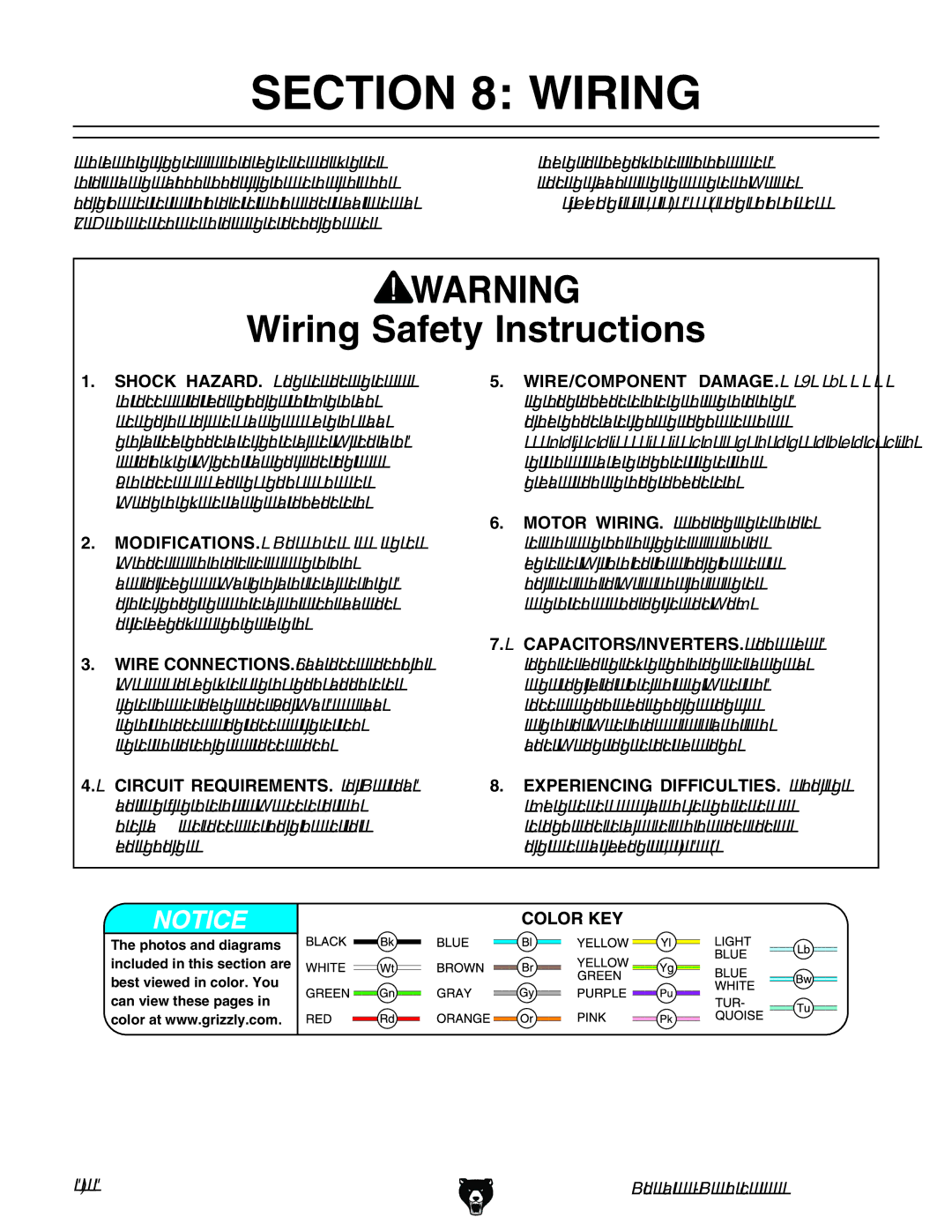 Grizzly G0698 owner manual Wiring Safety Instructions 