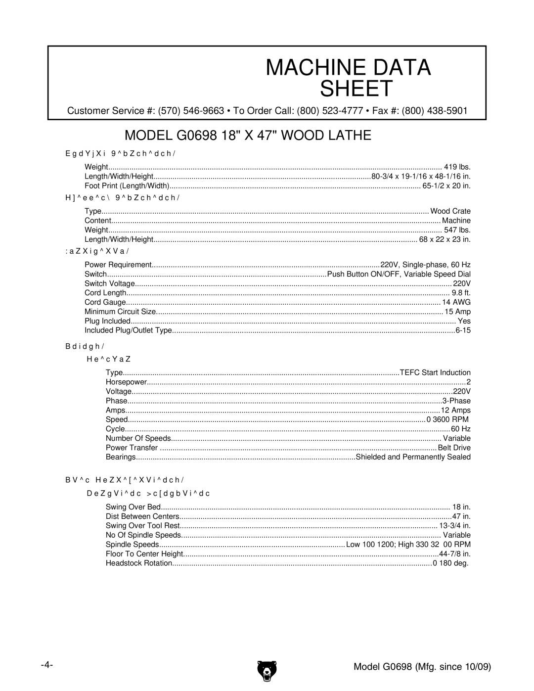 Grizzly G0698 owner manual Machine Data Sheet 