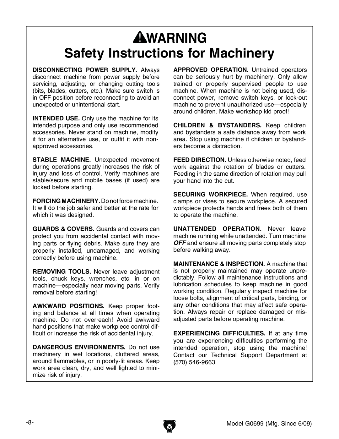 Grizzly G0699 owner manual Children & BYSTANDERS. @ZZe XaYgZc 