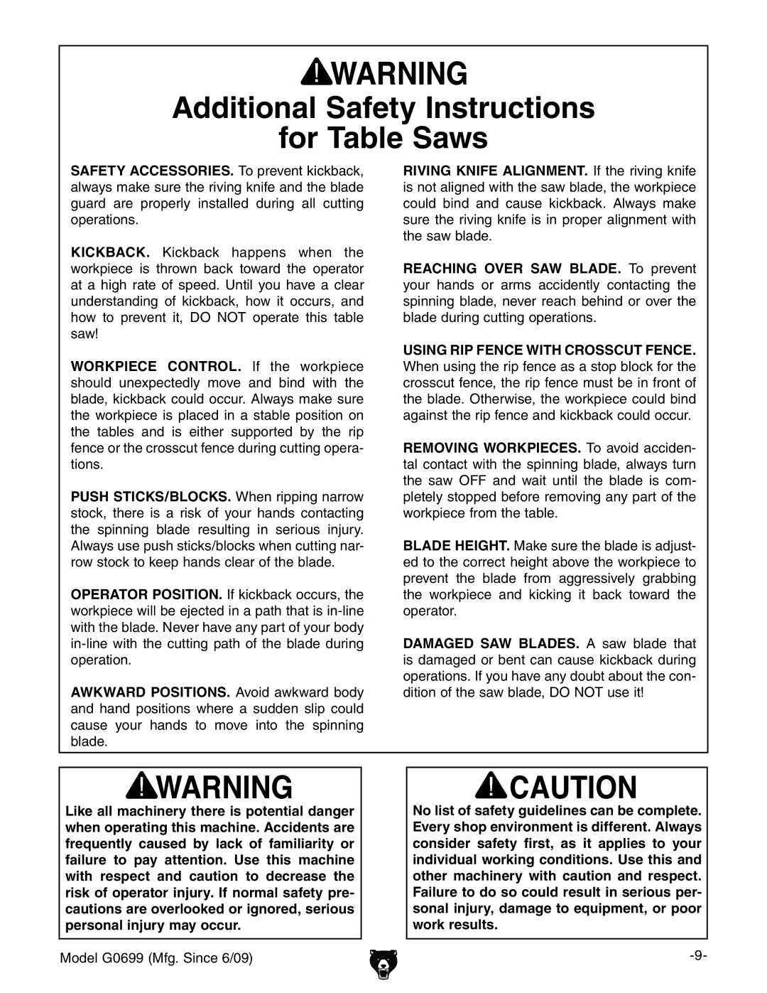 Grizzly G0699 owner manual Additional Safety Instructions For Table Saws 