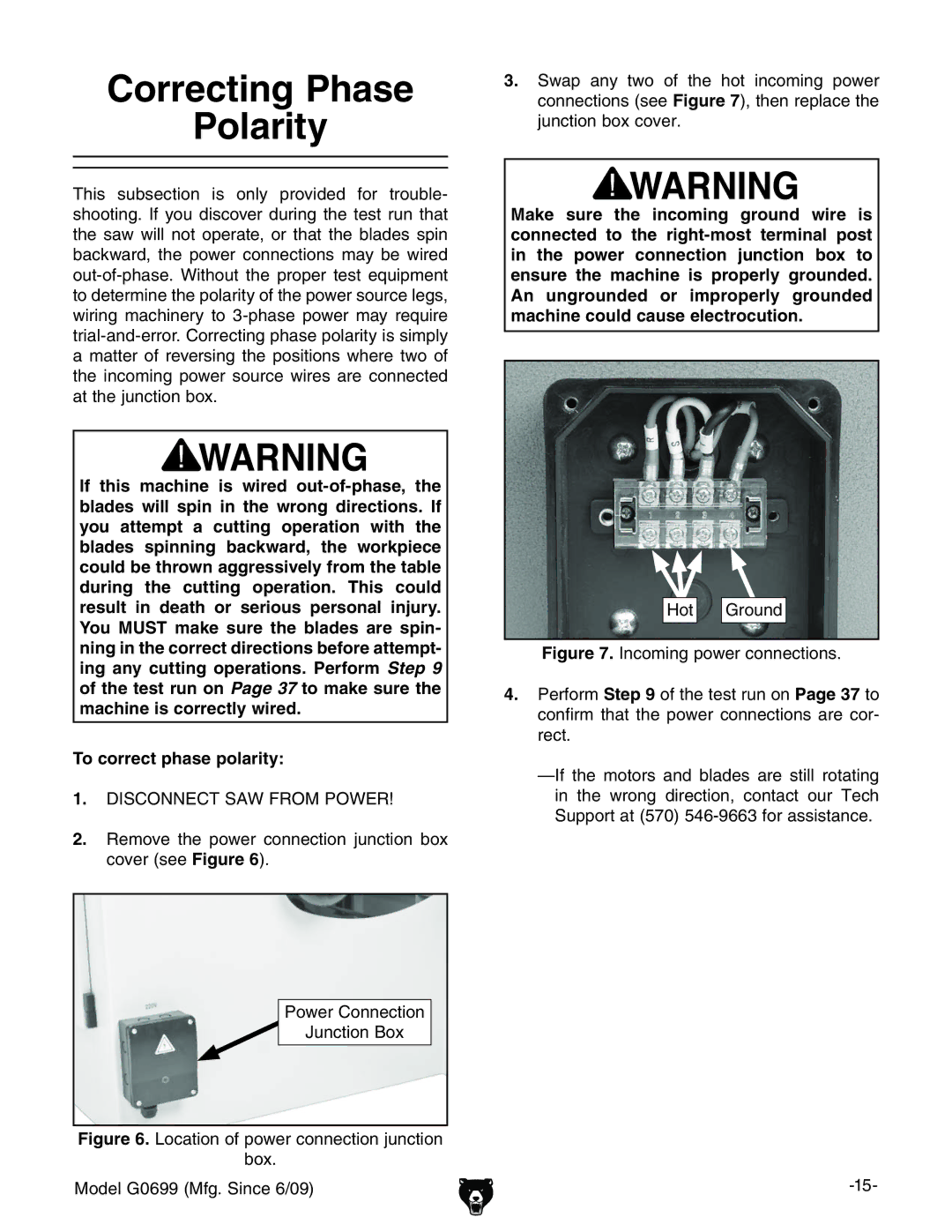 Grizzly G0699 owner manual Correcting Phase Polarity, =di GdjcY 