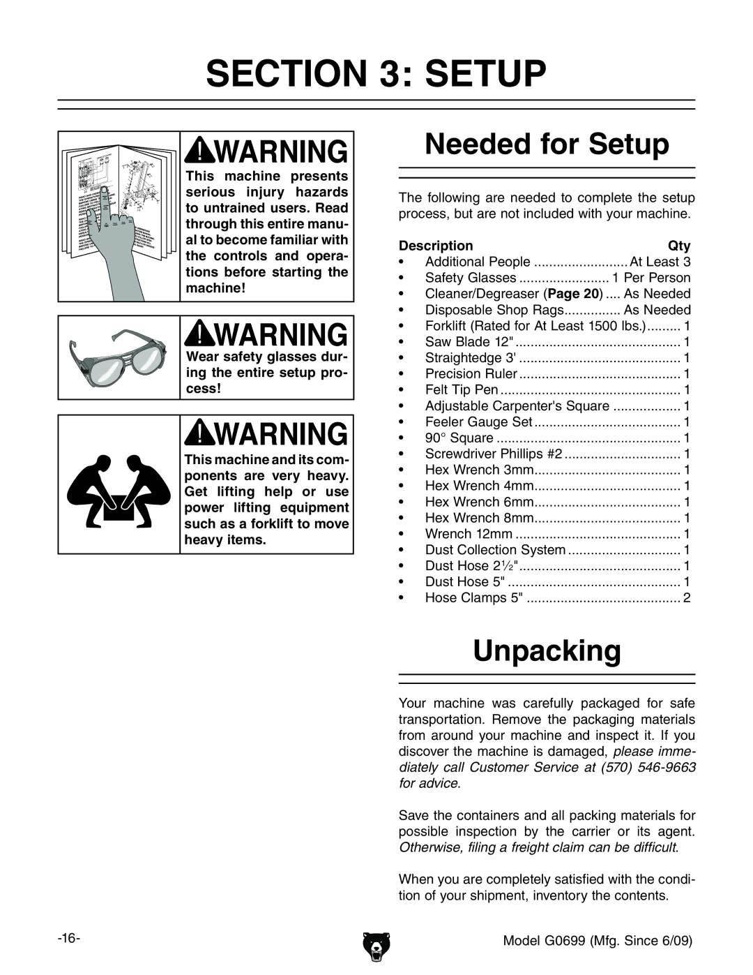 Grizzly G0699 owner manual Needed for Setup, Unpacking, Description Qty 