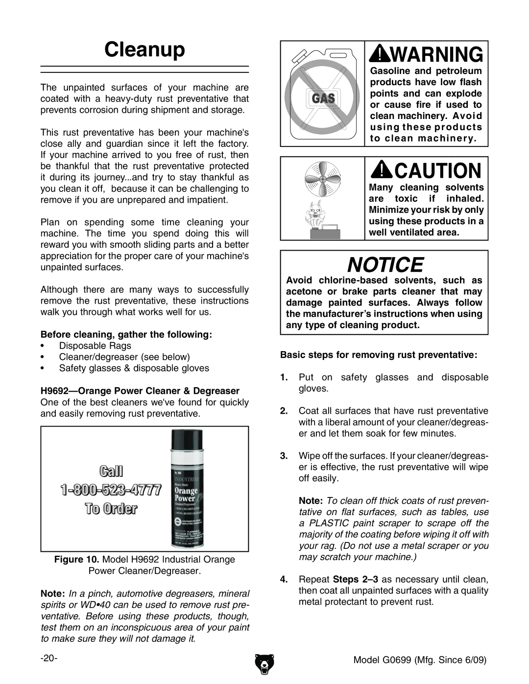 Grizzly G0699 owner manual Cleanup, H9692-Orange Power Cleaner & Degreaser, VcYZVhangZbdkc\gjhiegZkZciVikZ# 