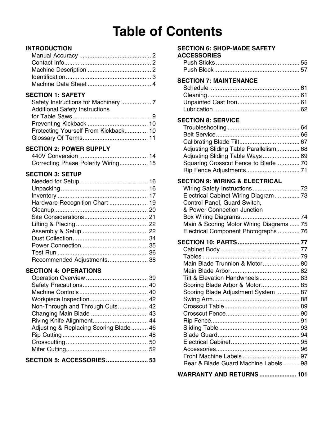 Grizzly G0699 owner manual Table of Contents 