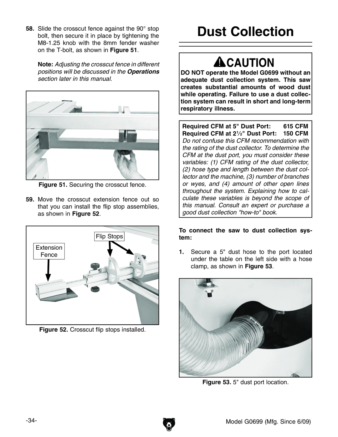 Grizzly G0699 owner manual Dust Collection, AeHideh MiZchdc ZcXZ, To connect the saw to dust collection sys- tem 