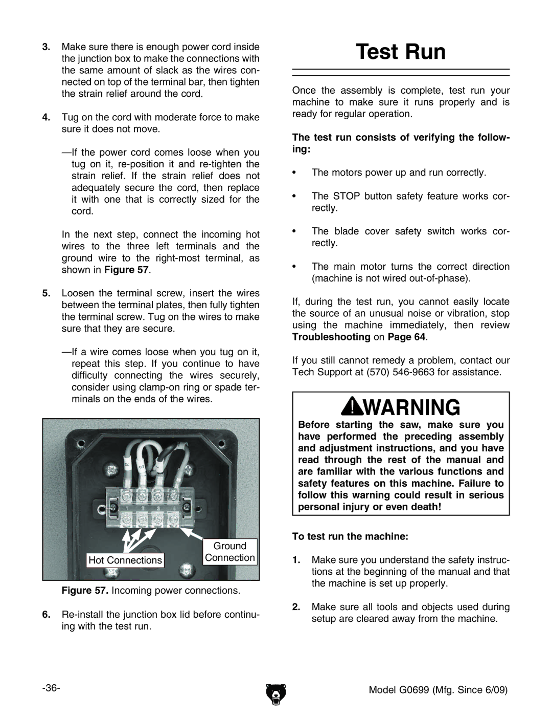 Grizzly G0699 owner manual Test Run, 8dccZXidc, Test run consists of verifying the follow- ing 