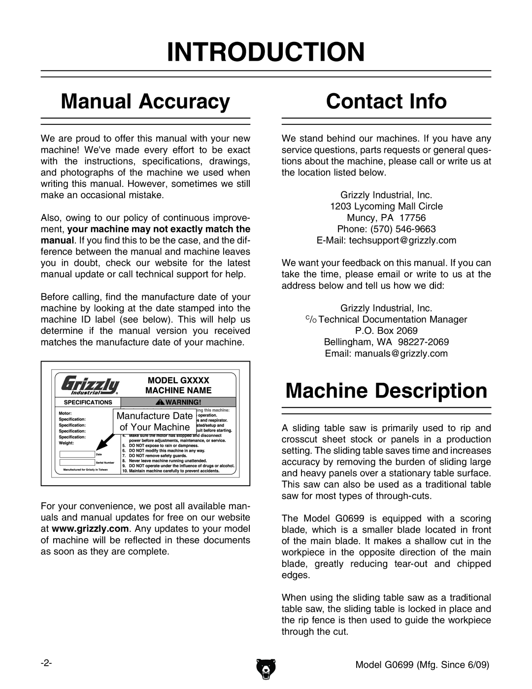 Grizzly G0699 owner manual Introduction, Manual Accuracy, Contact Info, Machine Description 