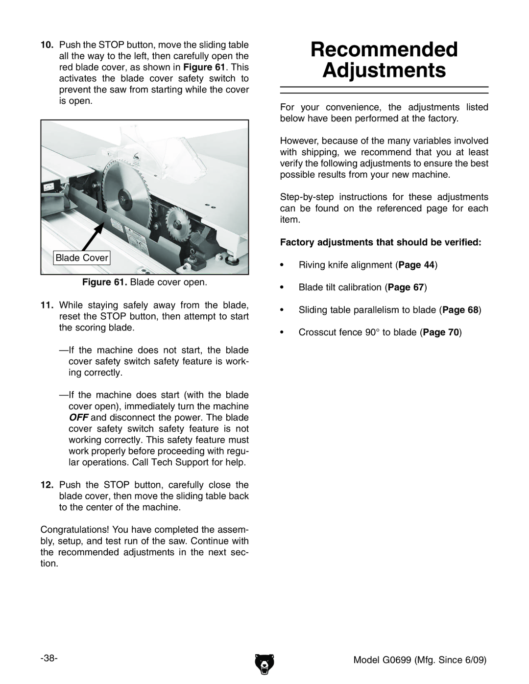 Grizzly G0699 owner manual Recommended Adjustments, 7aVYZ8dkZg, Factory adjustments that should be verified 