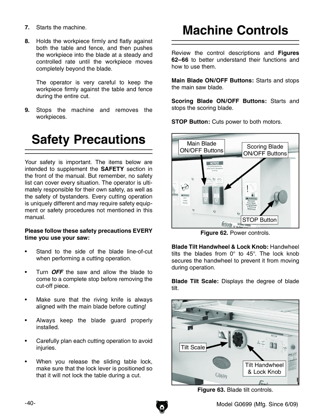 Grizzly G0699 owner manual Safety Precautions, Machine Controls, Scoring Blade ON/OFF Buttons HiVgih VcY 