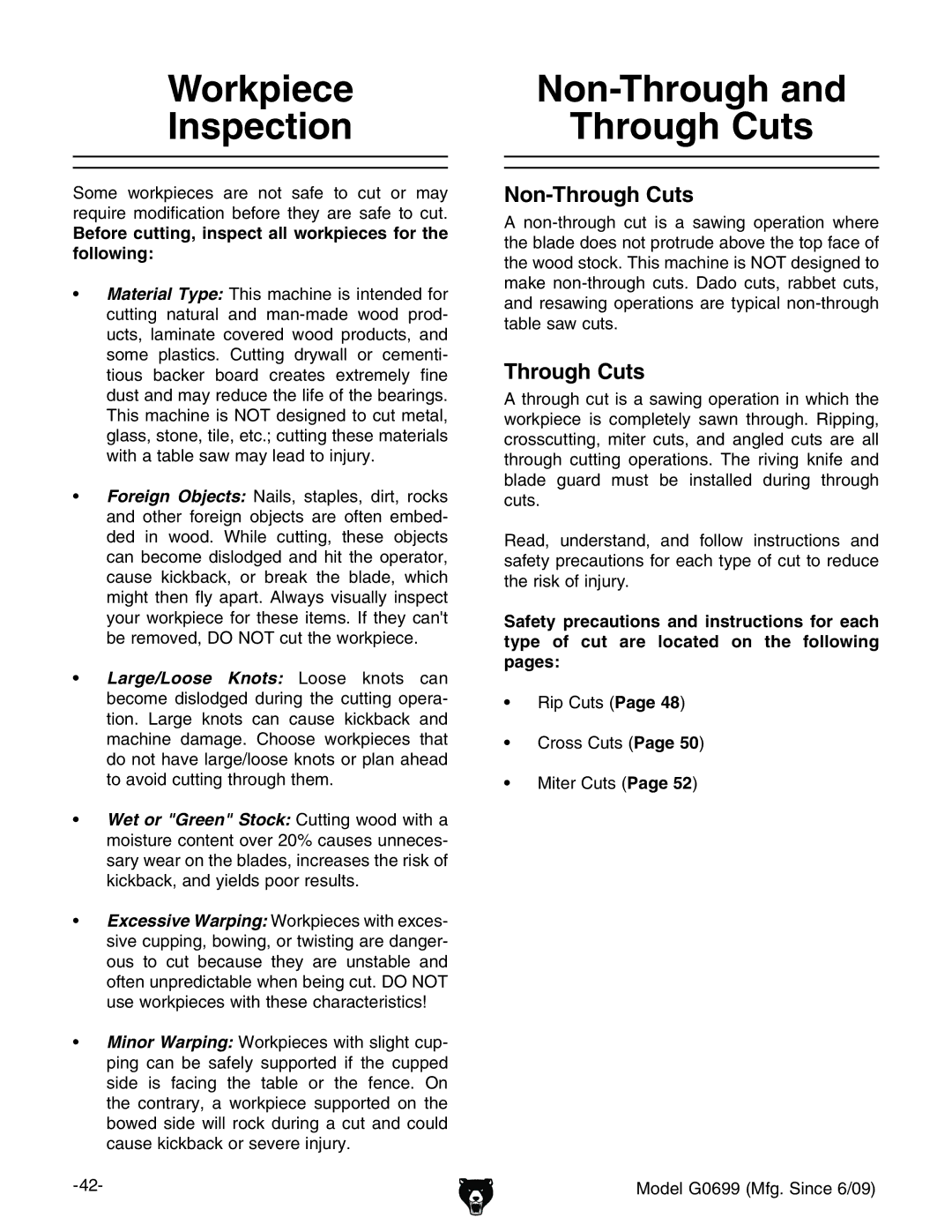 Grizzly G0699 owner manual Workpiece Inspection, Non-Through Through Cuts, Non-Through Cuts 