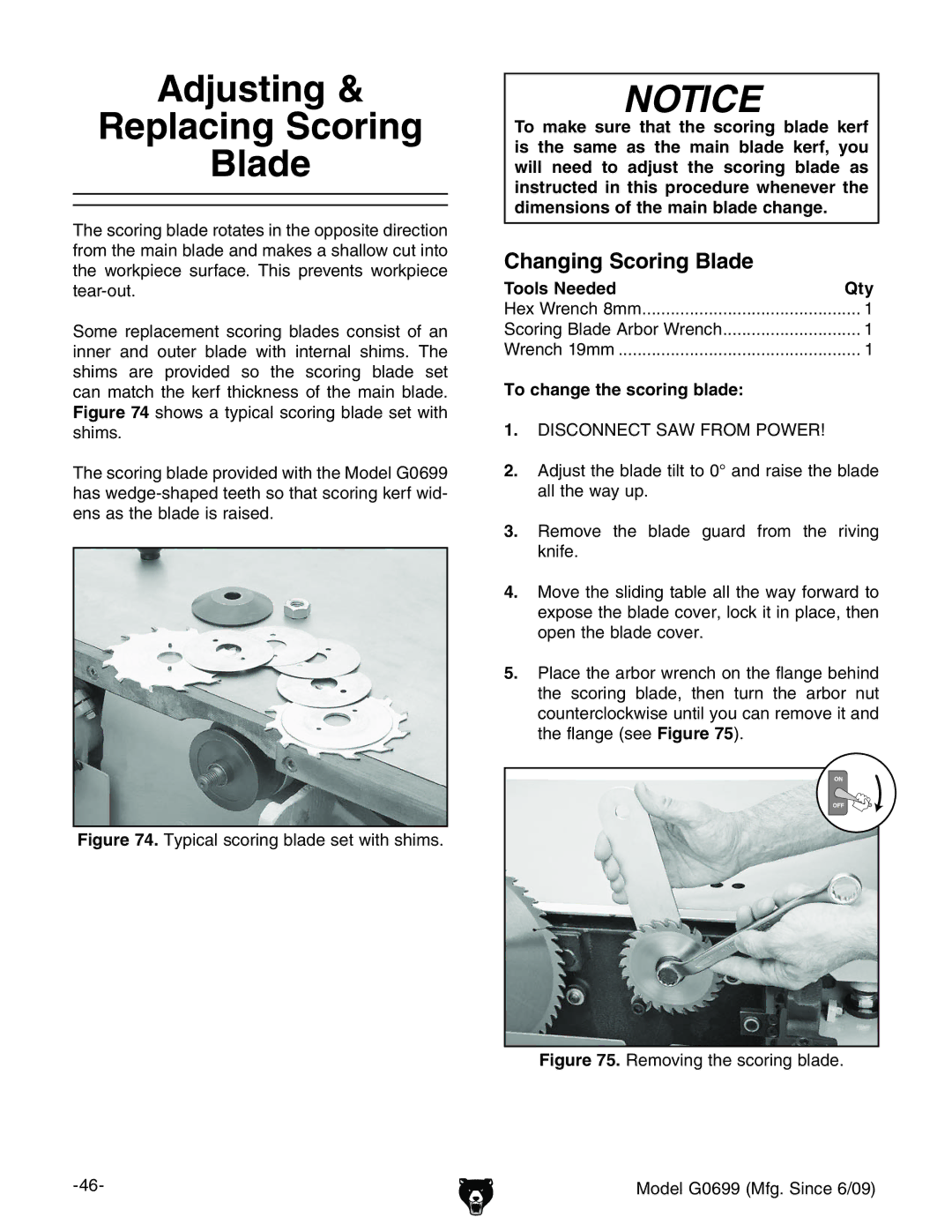 Grizzly G0699 owner manual Adjusting Replacing Scoring Blade, Changing Scoring Blade, To change the scoring blade 