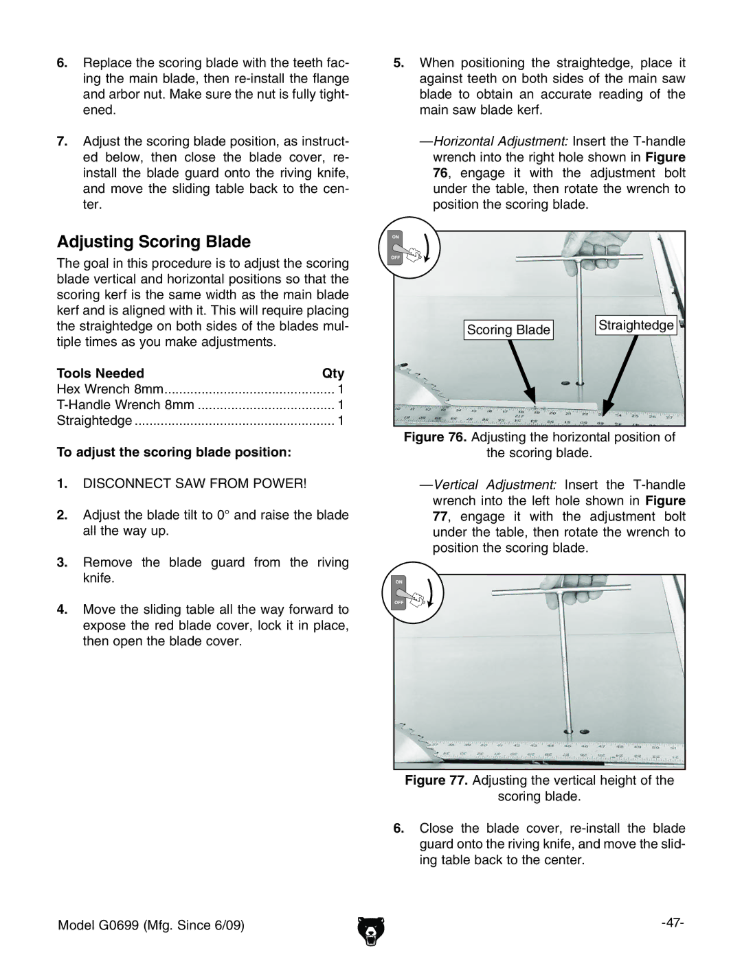 Grizzly G0699 owner manual Adjusting Scoring Blade,  GZeaVXZiZhXdgc\WaVYZliiZiZZiVX, ZcZY# 