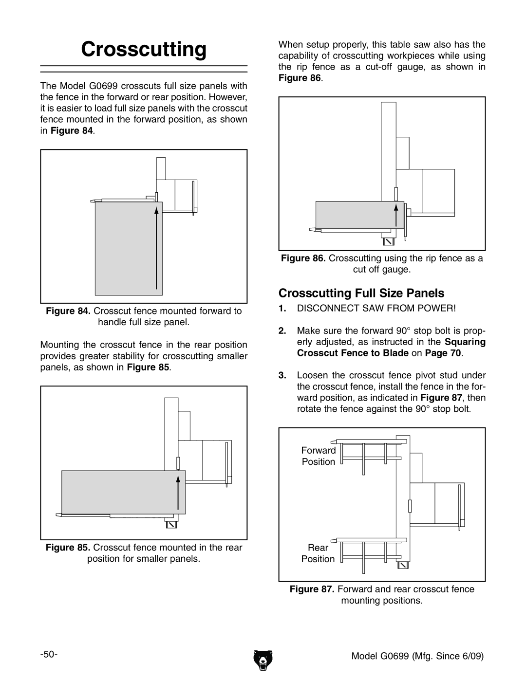 Grizzly G0699 owner manual Crosscutting Full Size Panels, EVcZah!Vhhdlcc #, DglVgY Edhidc GZVg 