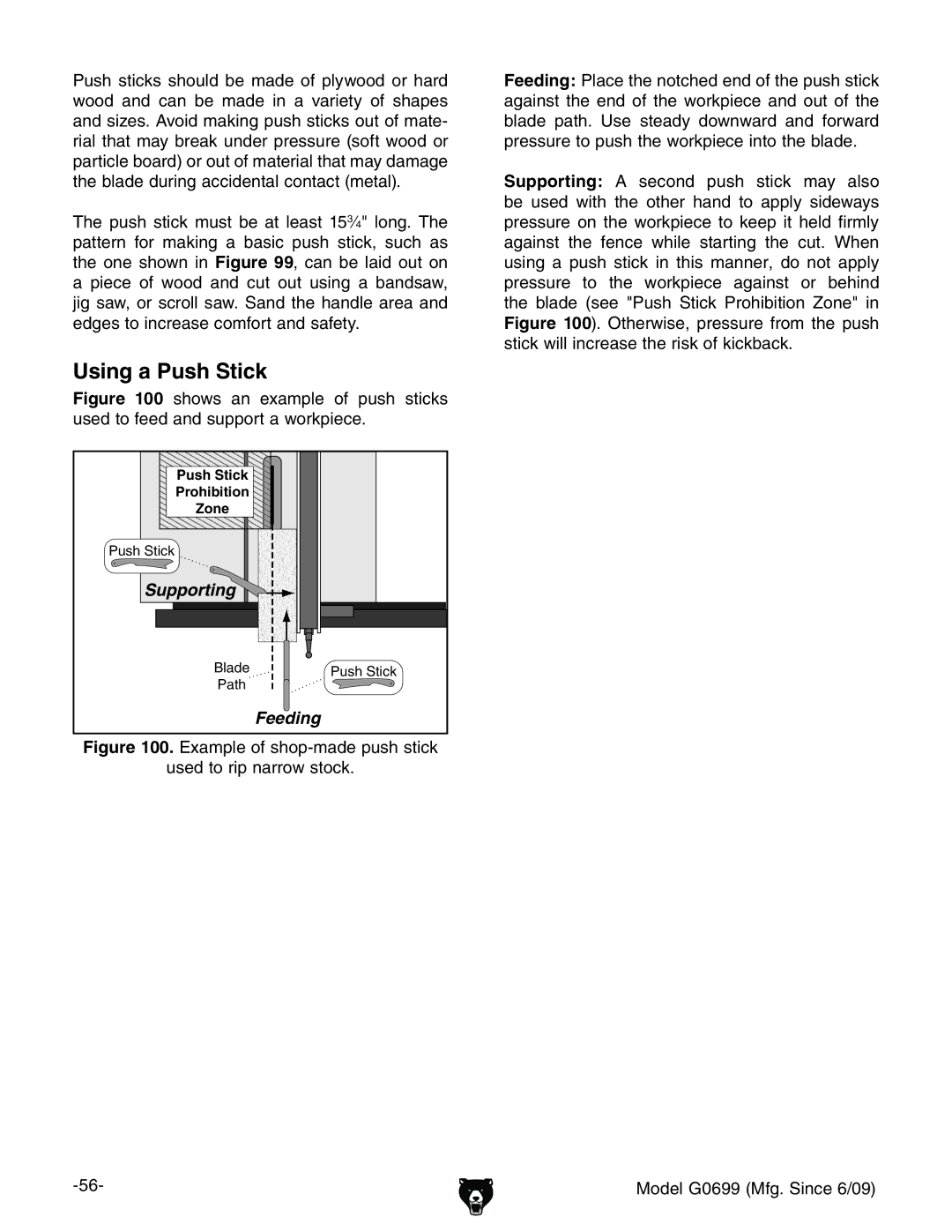 Grizzly G0699 owner manual Using a Push Stick, JhZYidZZYVcYhjeedgiVldg`eZXZ# 