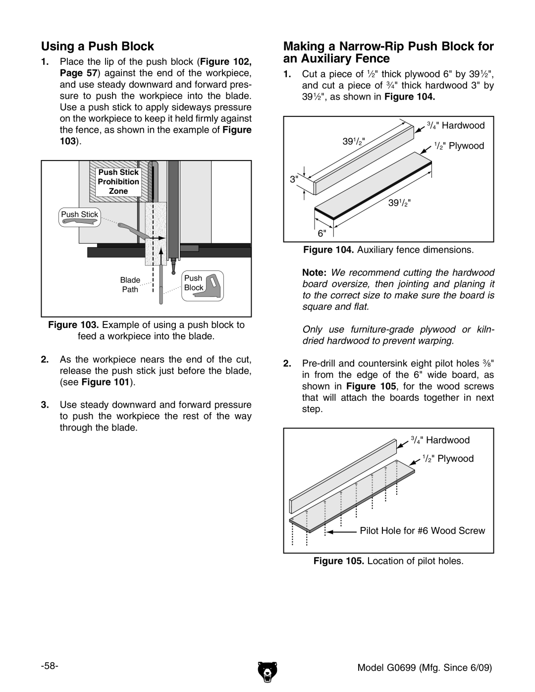 Grizzly G0699 owner manual Using a Push Block, Making a Narrow-Rip Push Block for an Auxiliary Fence 