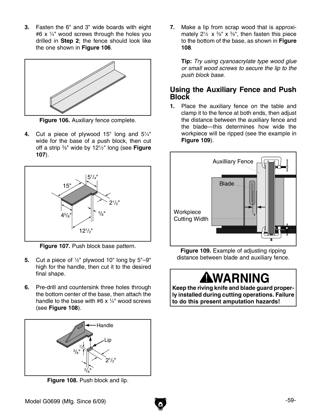 Grizzly G0699 owner manual Using the Auxiliary Fence and Push Block, $- $-, Ldg`eZXZ, 8jiic\LYi 