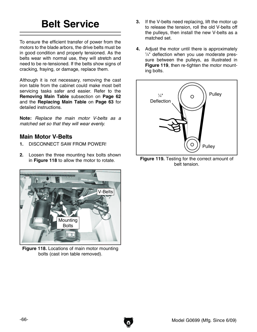 Grizzly G0699 owner manual Belt Service, Main Motor V-Belts, K7Zaih Bdjcic\ 7daih, EjaaZn 