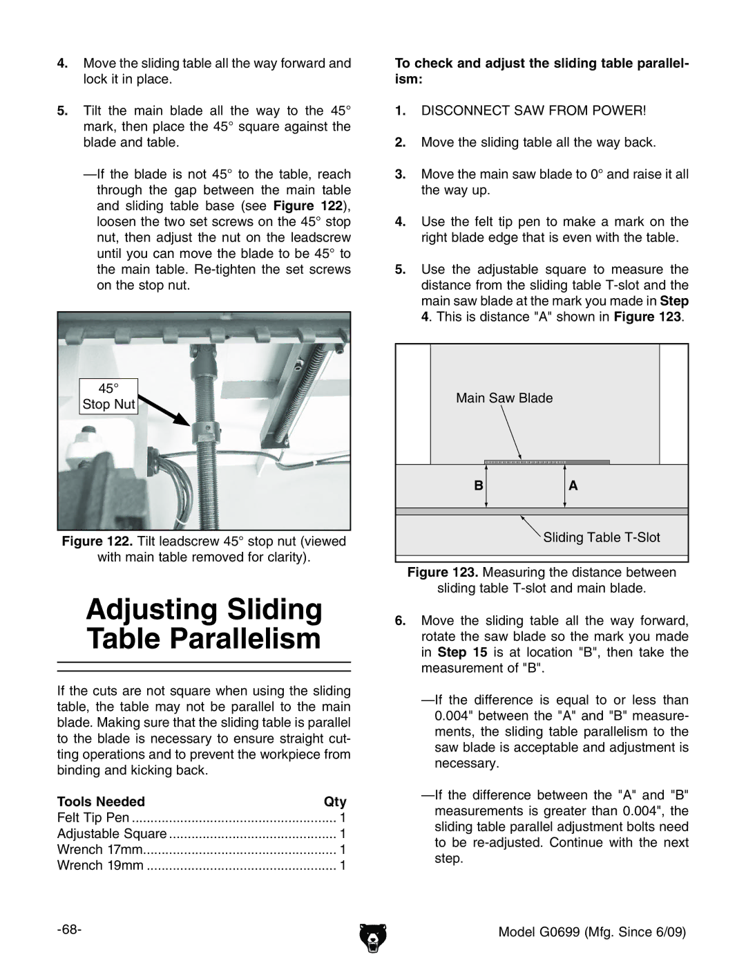 Grizzly G0699 owner manual To check and adjust the sliding table parallel, AdX`iceaVXZ# Ism, Tools Needed Qty 