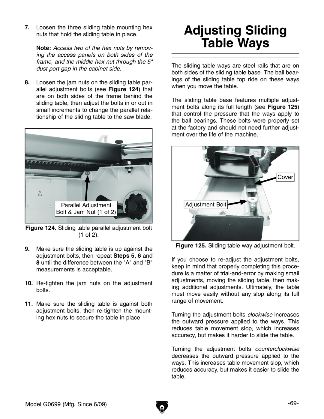 Grizzly G0699 owner manual Adjusting Sliding Table Ways, EVgVaaZa6YjhibZci 7dai?VbCji&d, 8dkZg 6YjhibZci7dai 