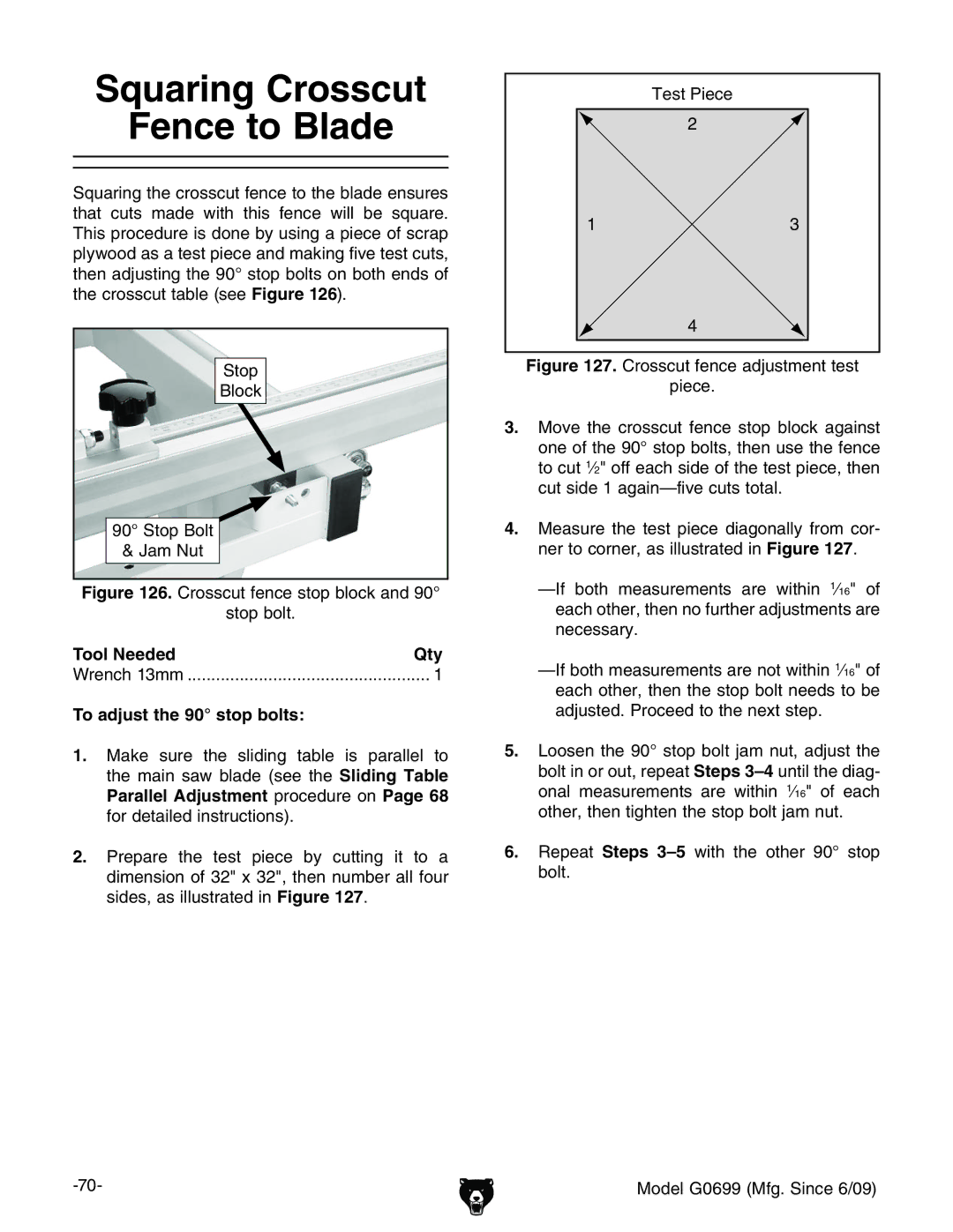 Grizzly G0699 owner manual Squaring Crosscut Fence to Blade, Hide 7adX` •Hide7dai ?VbCji, Tool Needed Qty 