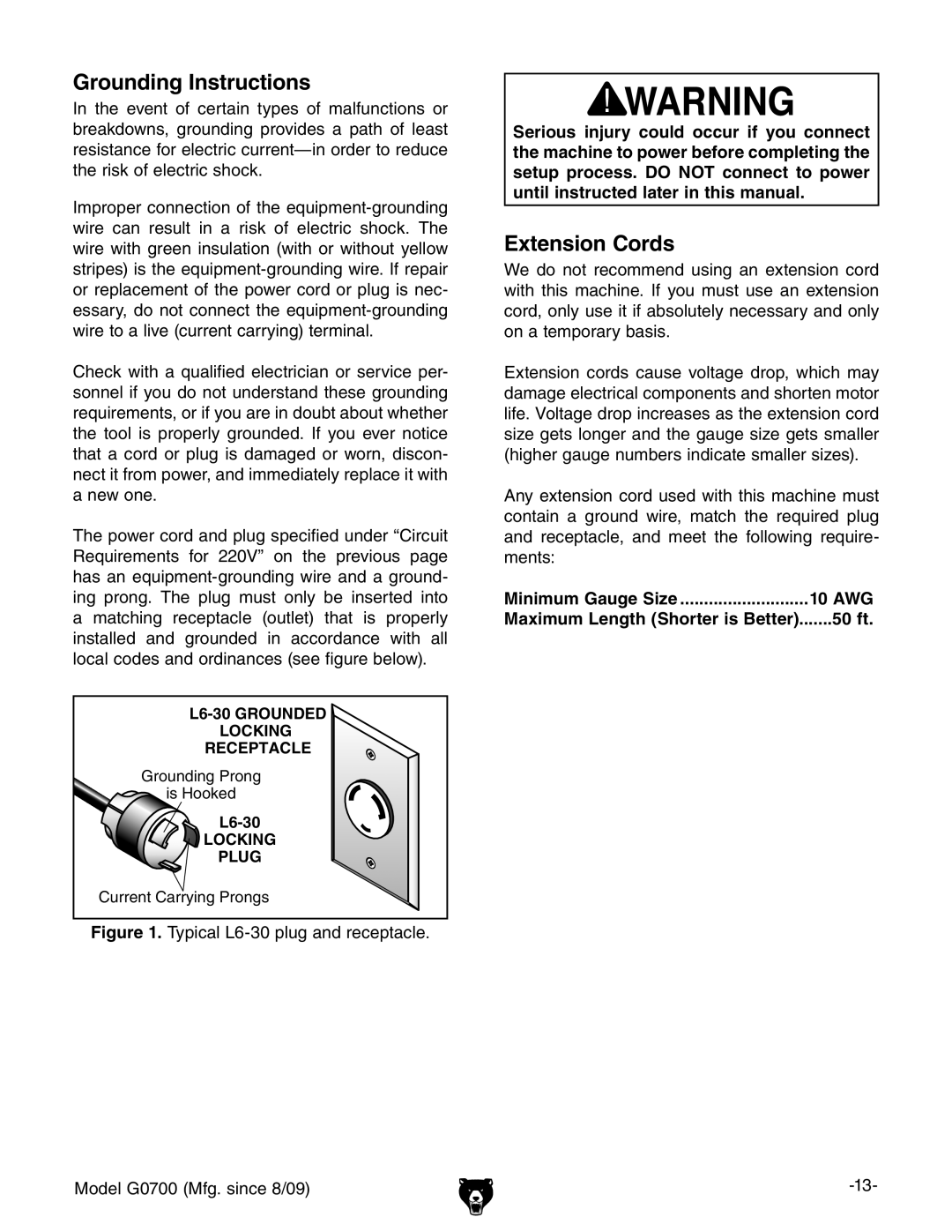 Grizzly G0700 owner manual Grounding Instructions, Extension Cords, Minimum Gauge Size 10 AWG, 50 ft 