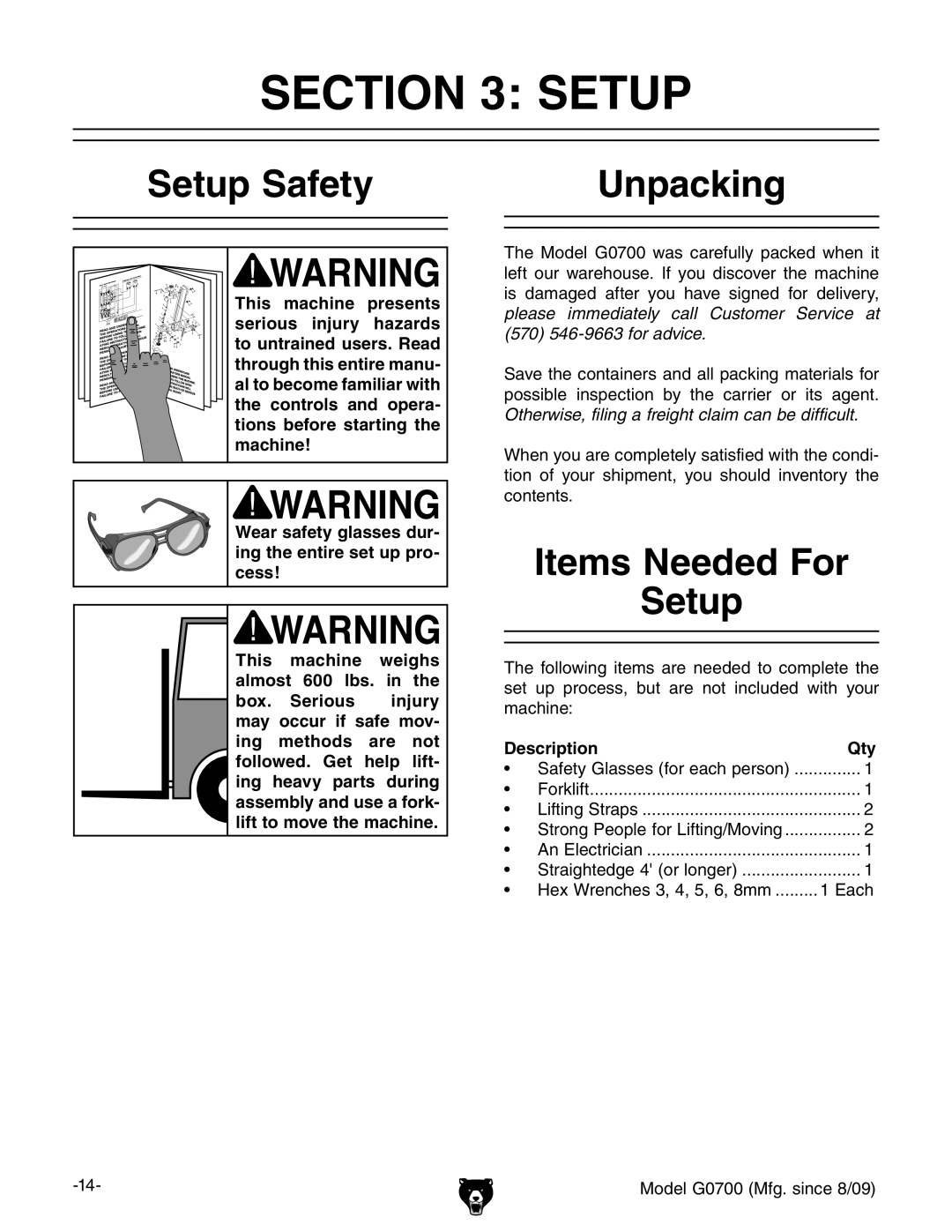 Grizzly G0700 owner manual Setup Safety Unpacking, Items Needed For Setup, Description Qty 